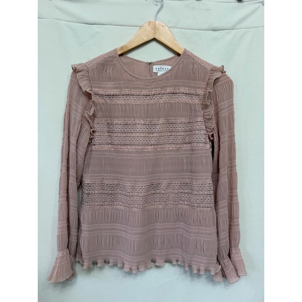 Velvet By Graham & Spencer Pleated Lace Ruffle Blouse Womens Small Pink Boho